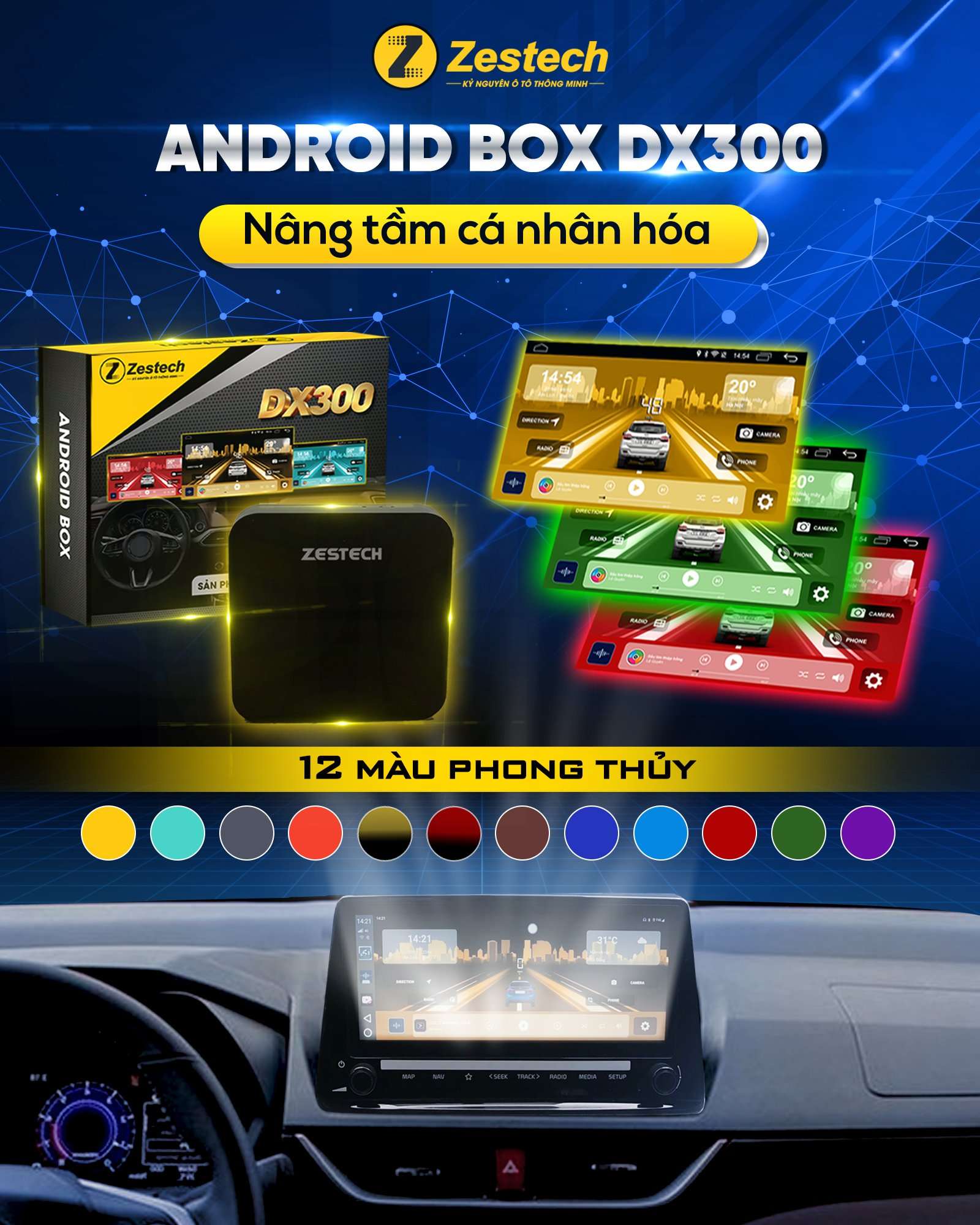 12 màu phong thủy giao diện android box zestech dx300
