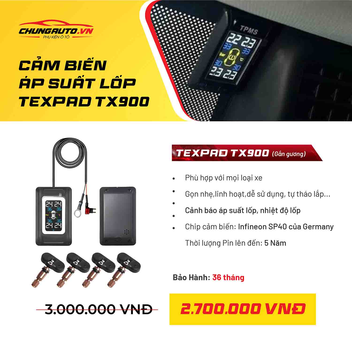 Cảm biến áp suất lốp TX900 gắn gương