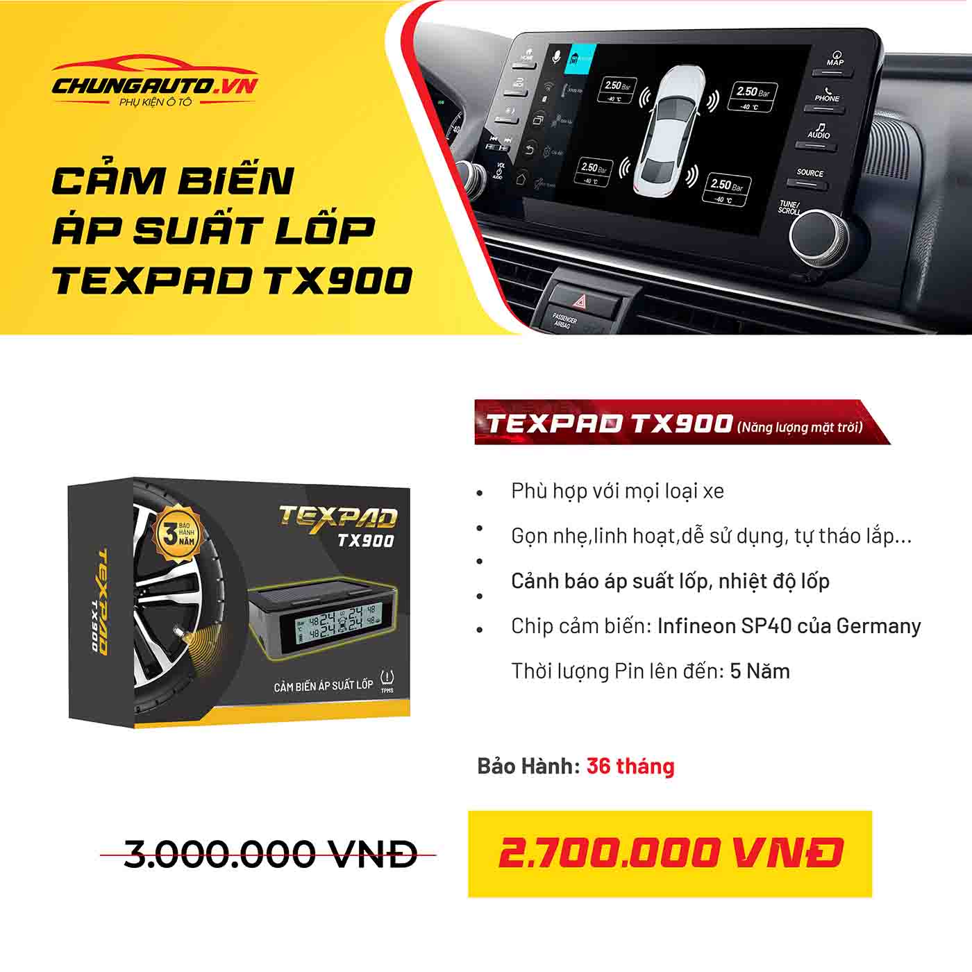 Cảm biến áp suất lốp năng lượng mặt trời TX900