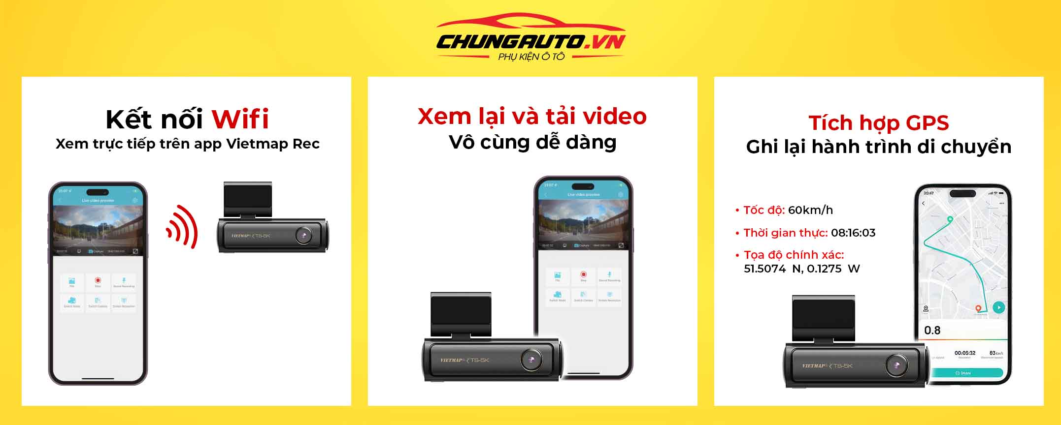 Camera hành trình Vietmap TS-5K truyền tài video qua wifi