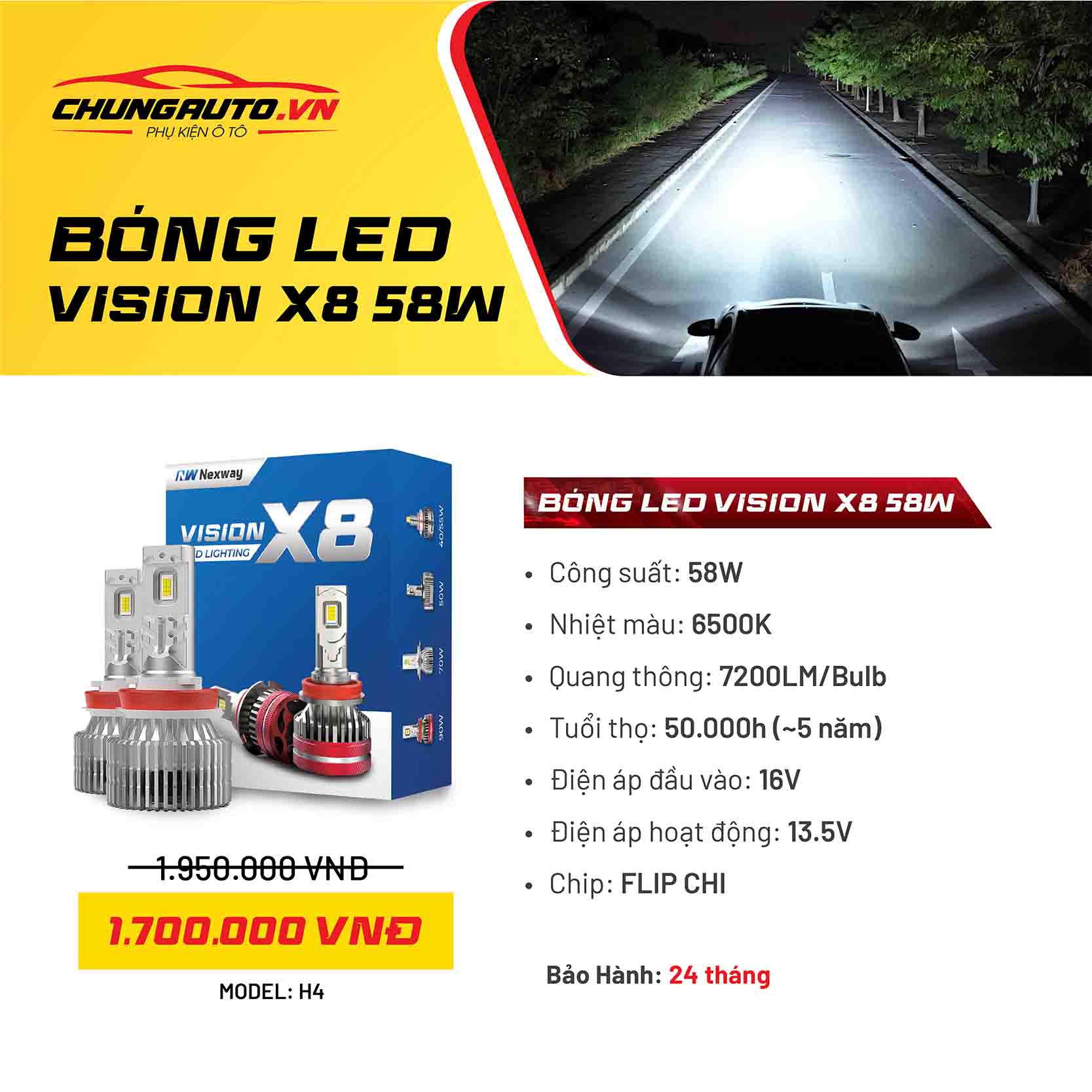 Bóng Led Nexway Vision X8 58W H4