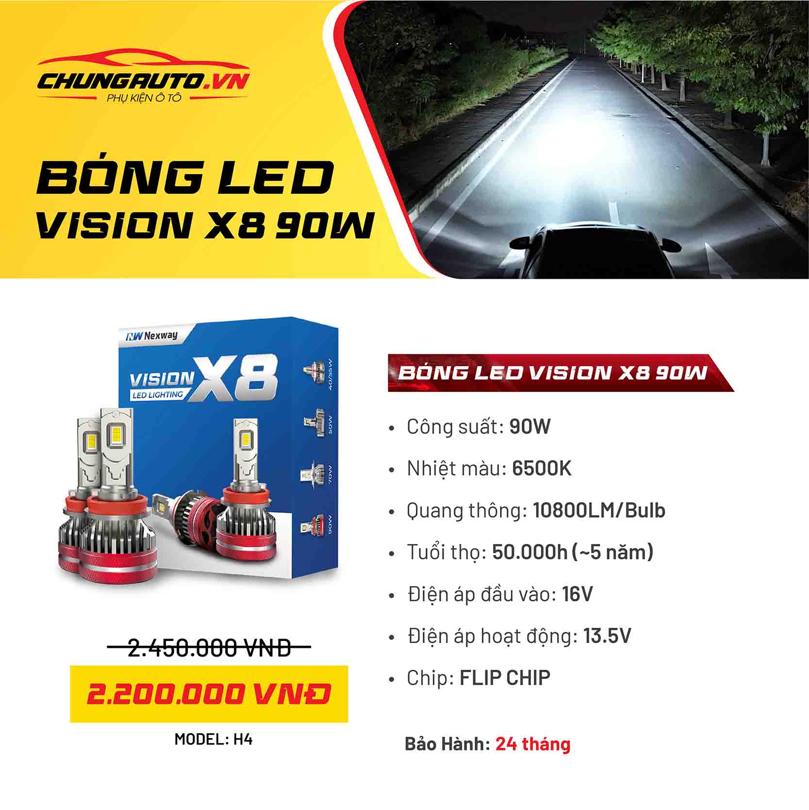 Bóng Led Nexway Vision X8 90W H4