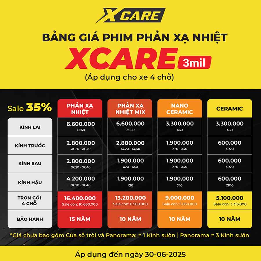 Bảng giá phim cách nhiệt Xcare 4 chỗ