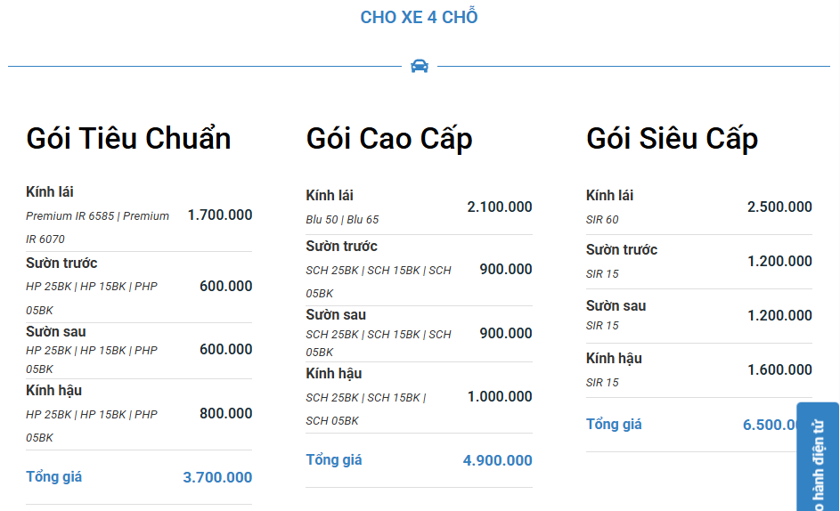 Bảng giá phim cách nhiệt Ntech 4 chỗ