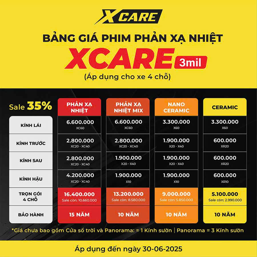 Bảng giá phim cách nhiệt X-care 4 chỗ
